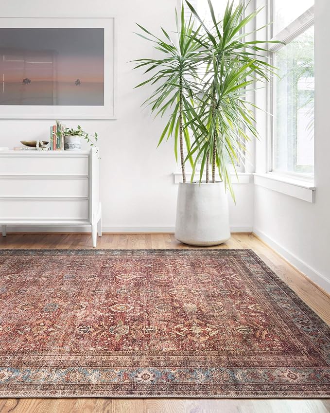 Loloi Layla Collection LAY-01 Brick/Blue 2'-6" x 12'-0" .13" Thick Runner Rug, Soft, Durable, Vintage Inspired, Distressed, Low Pile, Non-Shedding, Easy Clean, Printed, Living Room Rug