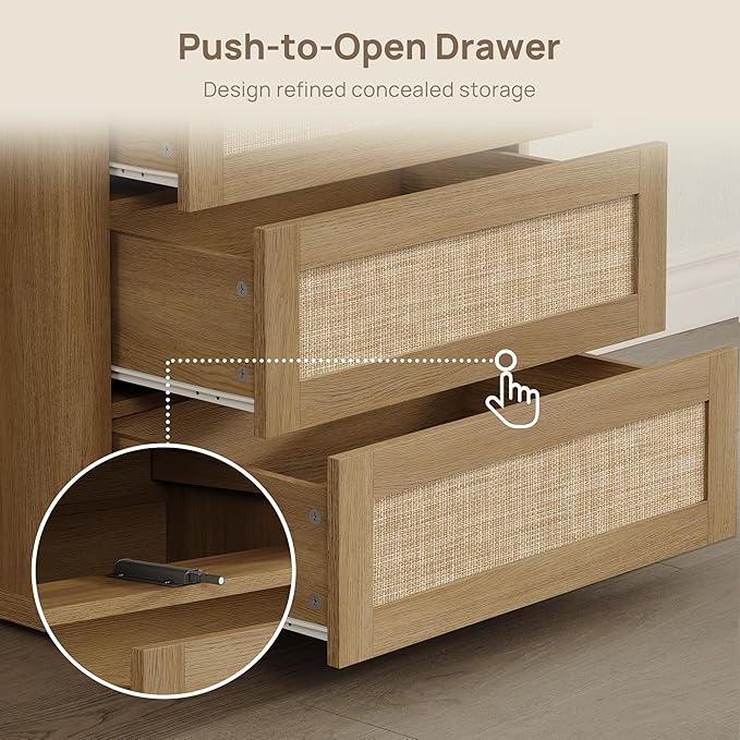 SICOTAS 26.8" Oversized Night Stand for Bedroom & Guest Room, Large 3-Drawer Rattan Nightstand, Boho Bedside Table End Table Storage Cabinet with Kid-Safe Rounded Edges & Push-Close Design, Amber Oak