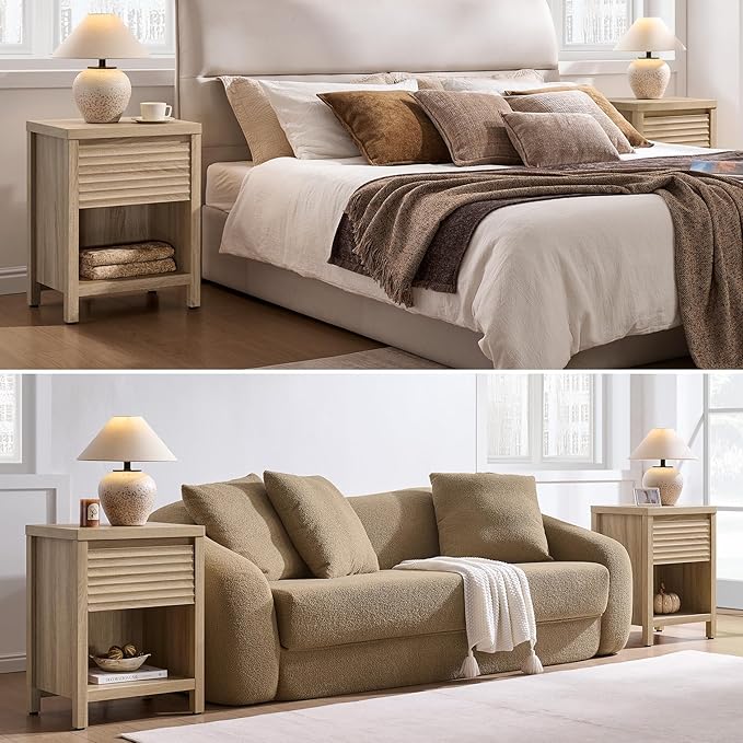SICOTAS Fluted Nightstands Set of 2-19.6" Wide Wooden Night Stand with Drawer and Storage Shelf, Modern Bedside Table with Thick Top, Boho End Bed Side Tables for Bedroom, Light Oak