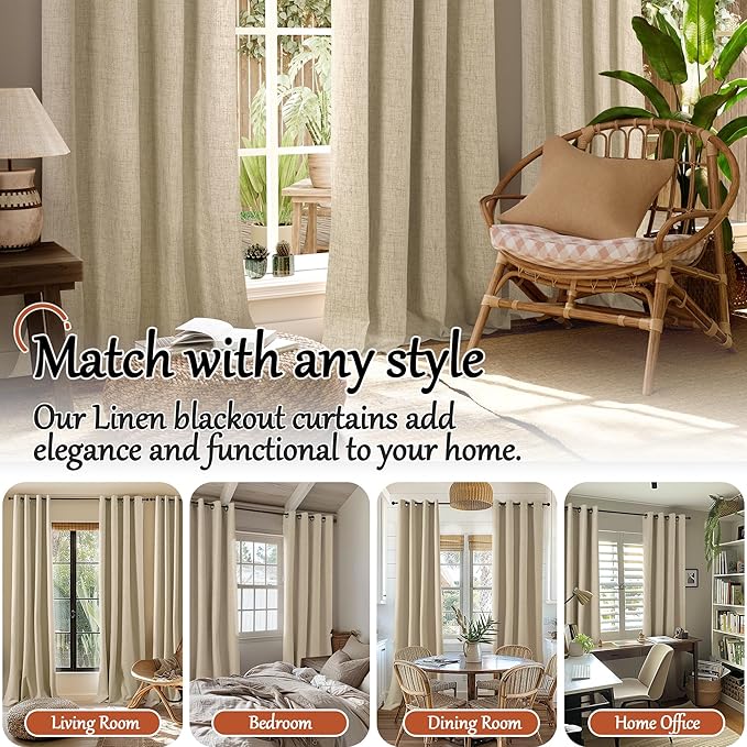 100% Blackout Curtains 95 Inches Long for Living Room 2 Panels Set, Faux Linen Textured Floor Length 95 Inch Thermal Insulated Bronze Grommet Boho Window Drapes, Each 52" Wide, Burlap