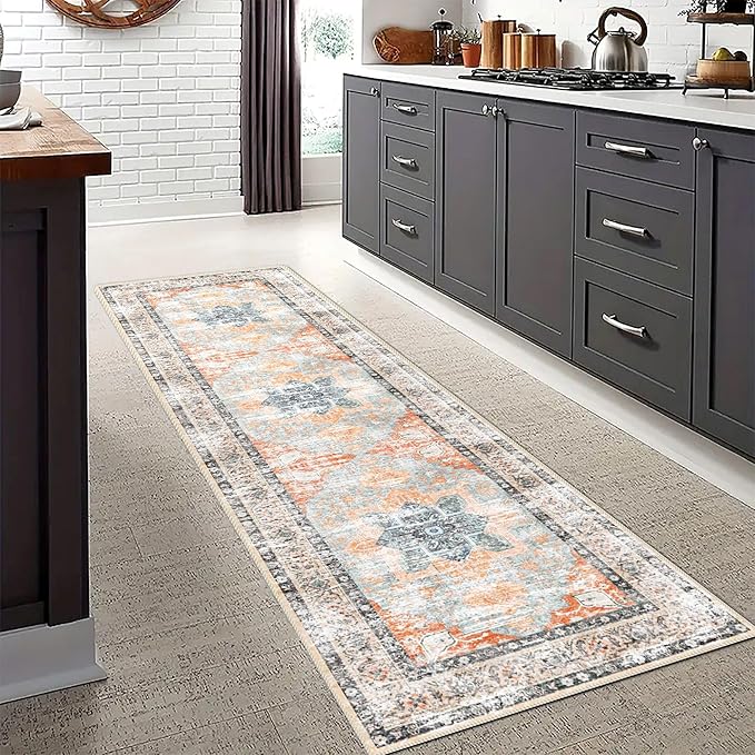 Runner Rug 2'x7' Vintage Washable Non-Slip Runners for Hallways Kitchen Entryway Laundry Room Floral Carpet Hallway Runner Orange