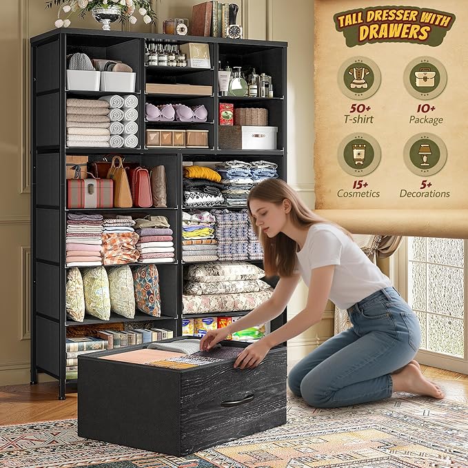 57“H Dresser for Bedroom with Drawers, Fabric Dressers & Chests of Drawers, Large Black Dresser with Sturdy Metal Frame, Wood Top,Entryway, Hallway