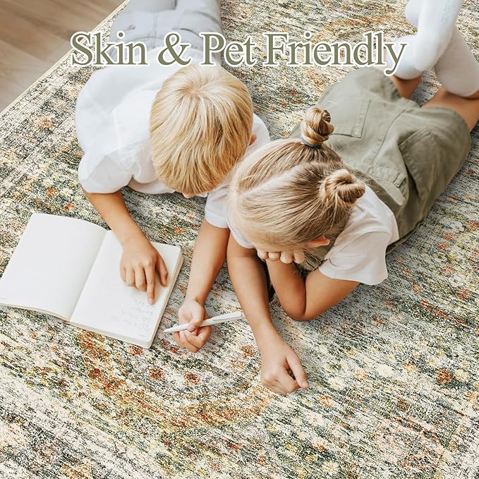 5x7 Area Rugs Green Orange Low Pile Indoor Washable Trendy Faded Style Rugs for Bedroom Living Room Dining Room Foldable Non-Slip Thin Print Mat