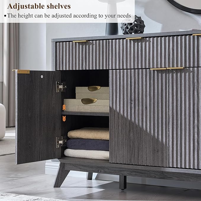 OKD Fluted Storage Cabinet with Drawers, 60" Morden Buffet Sideboard Coffee Bar Cabinet with 4 Doors and 3 Drawers for Dining Room, Living Room,Hallway (Dark Alder)