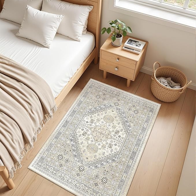 zesthome 2x3 Entryway Rug, Soft Washable Rugs, Non Slip Area Rug, Stain Resistant Low Pile Rugs for Bedroom, Vintage Rug for Door Mat, Kitchen (Beige,2'x3')