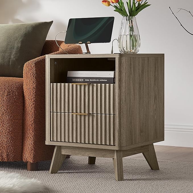 T4TREAM Fluted Nightstand with Charging Station, 18" Modern Side Table with 2 Drawers, End Table w/Storage, Bedside for Bedroom, Living Room, Curved Profile Design, Grey Alder