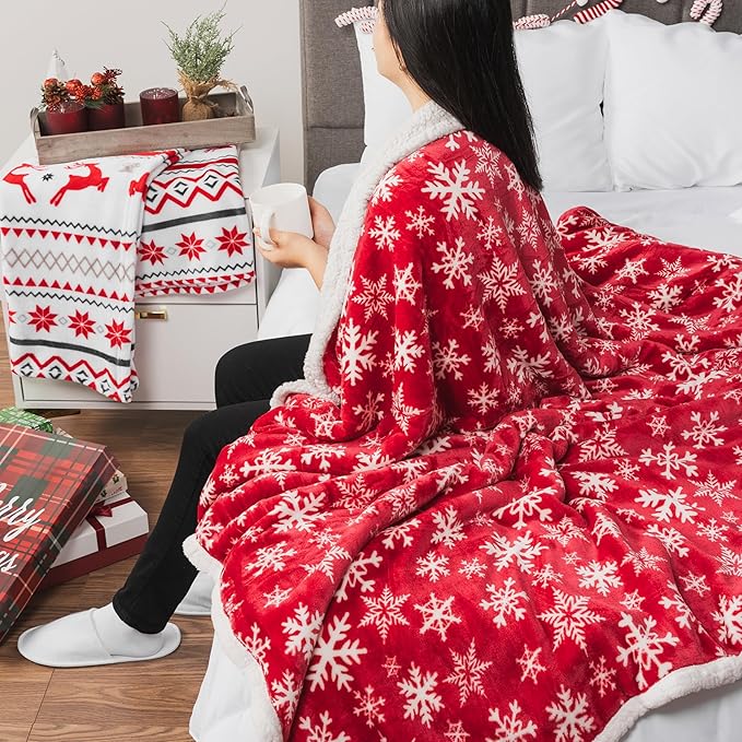 PAVILIA Premium Christmas Sherpa Throw Blanket | Red Snowflake Decoration, Fleece, Plush, Warm, Cozy Reversible Microfiber Holiday Blanket 60 x 80 Inches