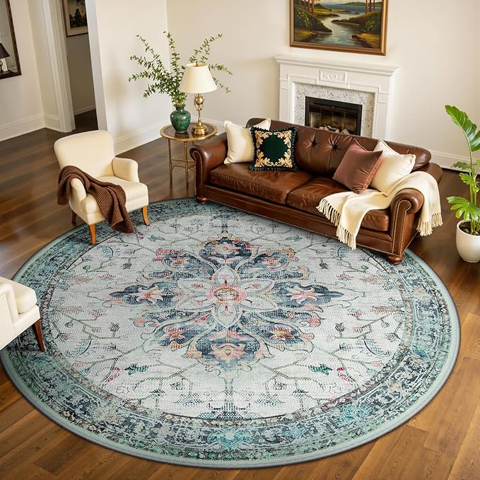 Area Rugs 8ft Washable Non-Slip, Floral Vintage Distress Print Pattern Medallion Carpet for Living Room Bedroom Dining Room, Green Navy Blue White Red Teal Colorful