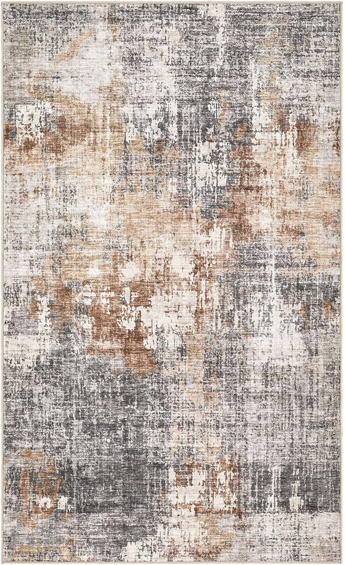 Washable Area Rug: 3x5 ft Abstract Small Rugs for Entryway Kitchen Living Room Bedroom - Non Slip Modern Neutral Carpet Indoor Front Door - Grey Brown