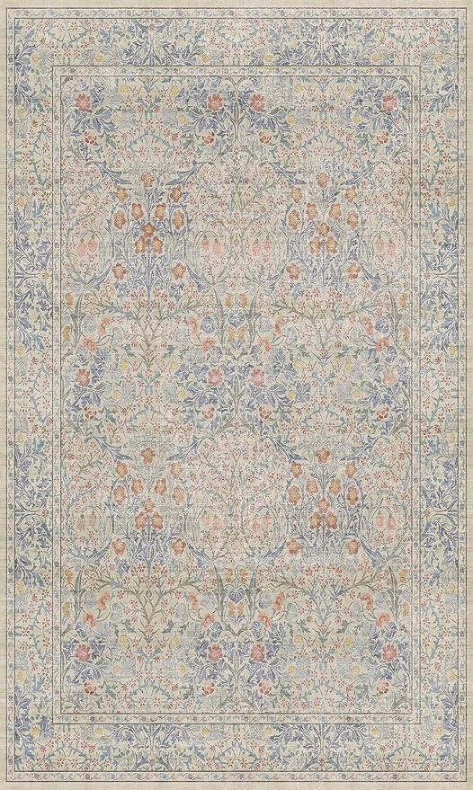 3x5 Washable Area Rug for Bedroom Beside Bed Mat, Large Kitchen, Entryway Rug Indoor - Ultra Soft Vintage Floral Beige Blue Decor Non-Slip Low Pile Stain Resistance