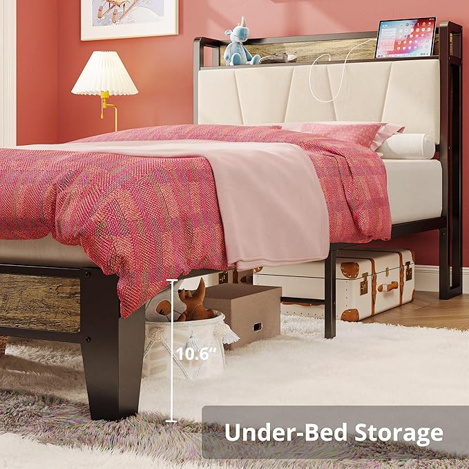 LIKIMIO Twin XL Bed Frames, Storage Headboard with Charging Station, Solid and Stable, Noise Free, No Box Spring Needed, Easy Assembly (Walnut and Beige)