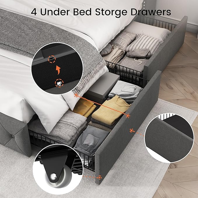 LARMACE Queen Size Platform Bed Frame with 4 Storage Drawers and Tufted Headboard Linen Upholstered Bed Wingback Bed Frame with Wooden Slats Support, Easy Assembly, Light Grey