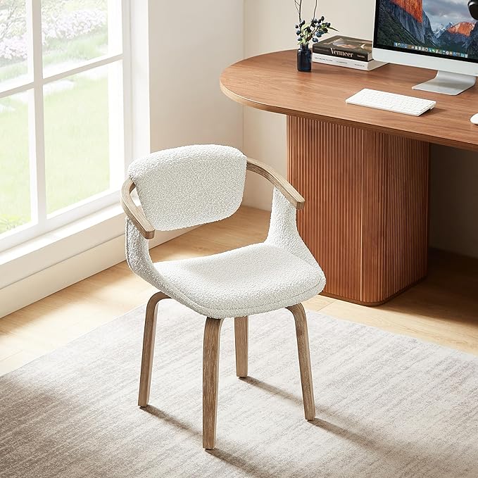 Art Leon Desk Chair No Wheels, Mid Century Modern Swivel Accent Chair, Boucle Fabric Home Office Desk Chair for Small Spaces Living Room Bedroom, White