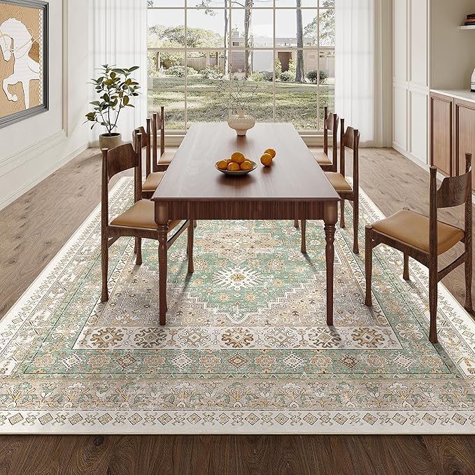zesthome 5x7 Area Rugs - Ultra-Thin Washble Rug, Stain Resistant Anti Slip Backing Rugs for Living Room,Bedroom, Vintage Home Decor Area Rug (Green/Brown,5'x7')