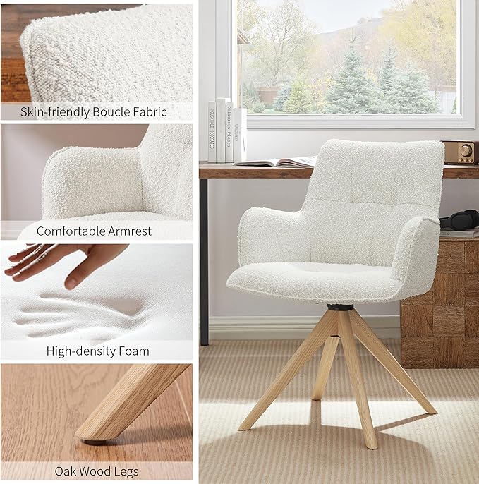 Art Leon Mid Century Swivel Chair - Boucle Fabric Upholstered Desk Chair No Wheels, Accent Armchair with Oak Wood Legs for Small Space Living Room Bedroom, Set of 2, Off White