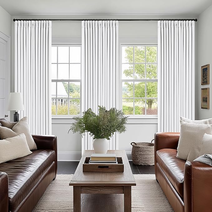 Neutral White Linen Pinch Pleated Blackout Curtains 108 Inches Long for Bedroom Pleated 100% Black Out Drapes with Liner Off White Farmhouse Country Extra Long 108 Inch Curtain for Living Dining Room