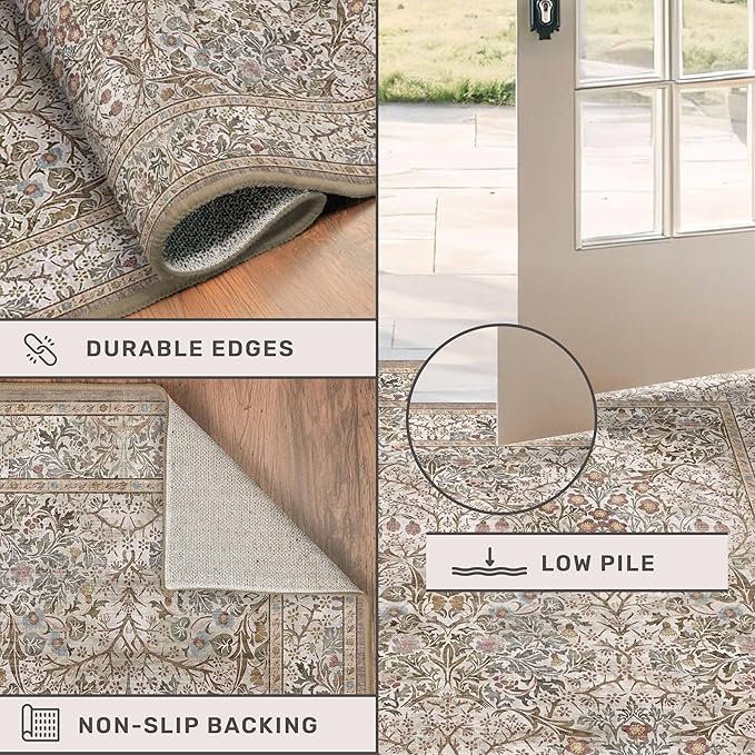 2x8 Moss Green Washable Kitchen Runner Rug - Non Slip Floral Rugs for Entryway Indoor, Kitchen- Vintage Geometric Floral Design Orenital Home Décor, Stain Resistant Carpet