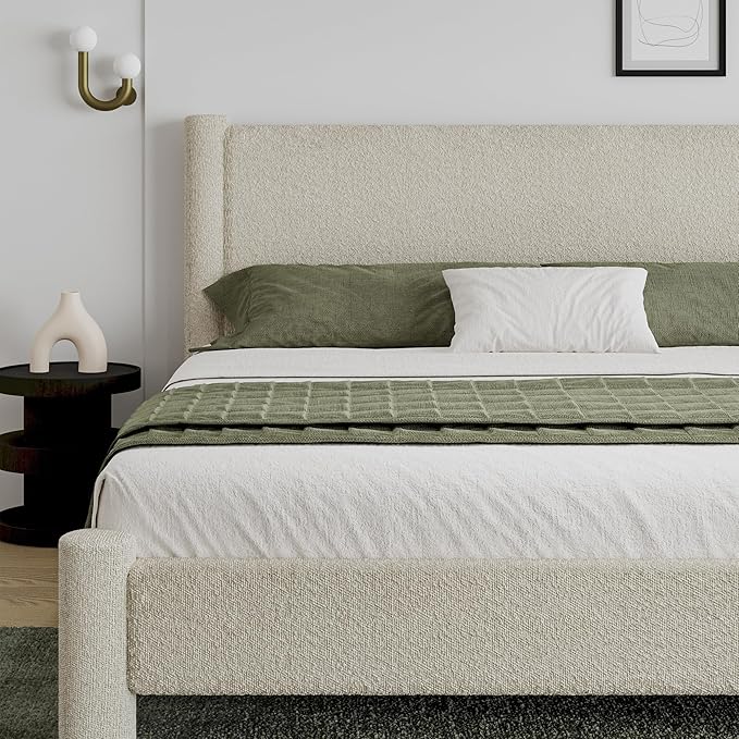 King Size Bed Frame, Boucle Bed Frame with Headborad, Soft Upholstered Platform Bed Frame with Rounded Corners, No Box Spring Required, Easy Assembly, Cream