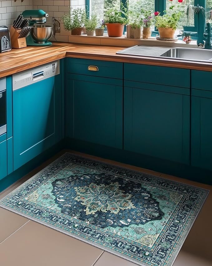 Area Rugs 2'x4' Washable Non-Slip, Floral Vintage Distress Print Pattern Medallion Carpet for Living Room Bedroom Dining Room, Teal Green Lake Blue Turquoise