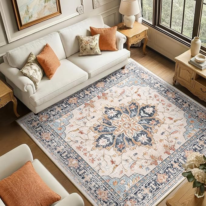 Area Rugs Square 6ft Washable Non-Slip, Floral Vintage Distress Print Pattern Medallion Carpet for Living Room Bedroom Dining Room, Beige Navy Blue Orange Colorful