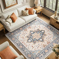 Area Rugs Square 6ft Washable Non-Slip, Floral Vintage Distress Print Pattern Medallion Carpet for Living Room Bedroom Dining Room, Beige Navy Blue Orange Colorful