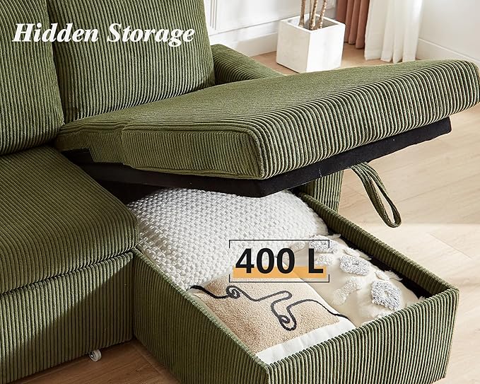 Vipbear 80" Sectional Sleeper Sofa Bed with Pull Out Bed, L Shaped Couch Pull Out Couch with Reclining Backrest, Reversible Storage Chaise, USB Ports, Tool-Free Assembly, Corduroy Olive Green