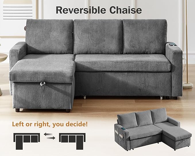 Vipbear 80" Sectional Sleeper Sofa Bed with Pull Out Bed, L Shaped Couch Pull Out Couch with Reclining Backrest, Reversible Storage Chaise, USB Ports, Tool-Free Assembly, Corduroy Grey