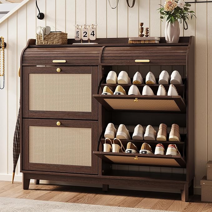 LINSY Shoe Storage Cabinet, Rattan Shoe Cabinet Flip Drawer Shoes Rack Cabinet with Sliding Tambour Door, Large Shoe Cabinets Mid Century Modern Hidden Shoe Storage Organizer for Entryway, Walnut