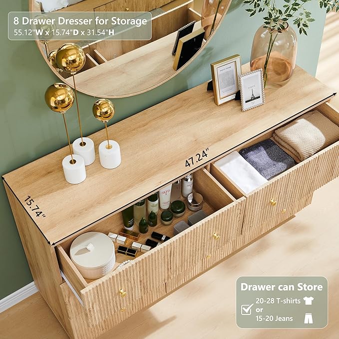 Fluted Dresser for Bedroom, 55" W 8 Drawer Dressers, Wood Tall Dresser Storage Organizer, Modern Bedroom Chest of Drawers with Deep Storage for Closet Hallway, Entryway, Living Room Natural