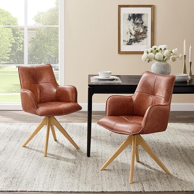 Art Leon Home Office Desk Chair - Genuine Leather Upholstered Accent Armchair, Mid Century Swivel Chair with Black Oak Wood Legs for Small Space Living Room Bedroom, Red Brown