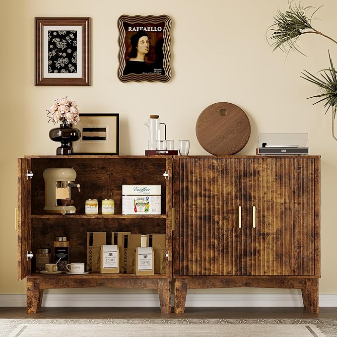 Storage Cabinet with Doors and Adjustable Shelf, Modern Fluted Sideboard Buffet Cabinet, Freestanding Coffee Bar for Kitchen, Pantry, Entryway, Living Room (Rustic Brown)