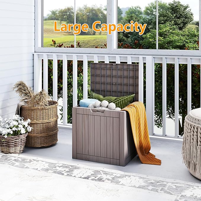 35 Gallon Small Waterproof Outdoor Storage Box, Resin Deck Box Lockable for Patio Furniture, Garden Tools, Pool Accessories, UV-Resistant for All Weather Use, Greige