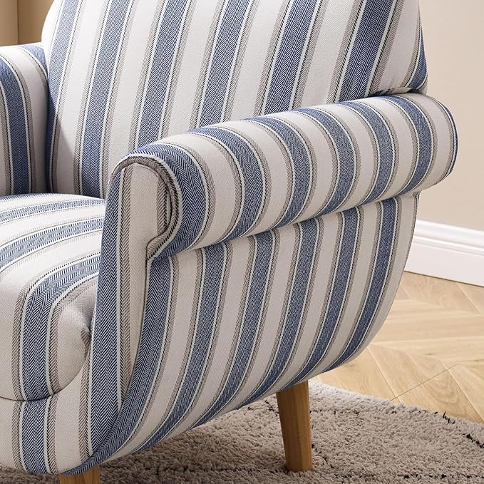 VANOMi Mid-Century Accent Chair with Stripe Pattern, Modern Linen Fabric Armchair with Wood Legs, Club Chair for Living Room, Comfy Upholstered Side Chairs for Bedroom, Reading, Small Place (Navy)