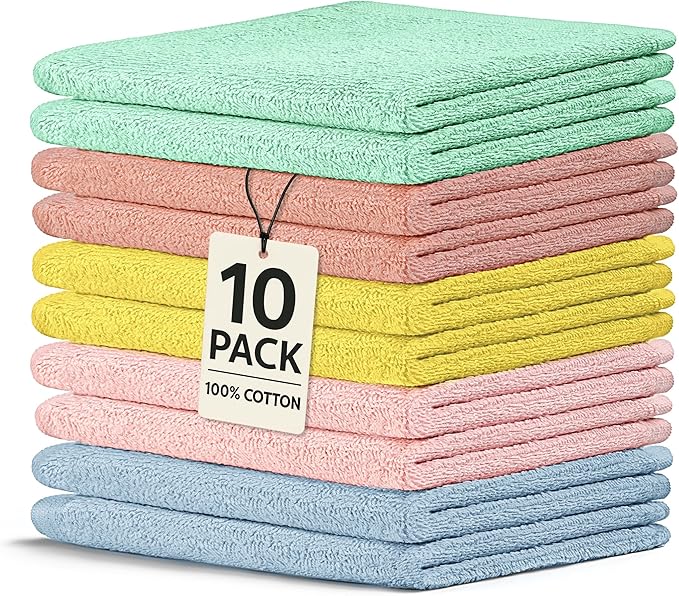 Crystal Ridge Cotton Wash Cloths 10 Pack - Washcloths for Showering, Face and Body, Soft and Highly Absorbent Multipurpose Towels for Bathroom, Kitchen, Spa and Gym - Wash Rags 12 x12 (Pastel)