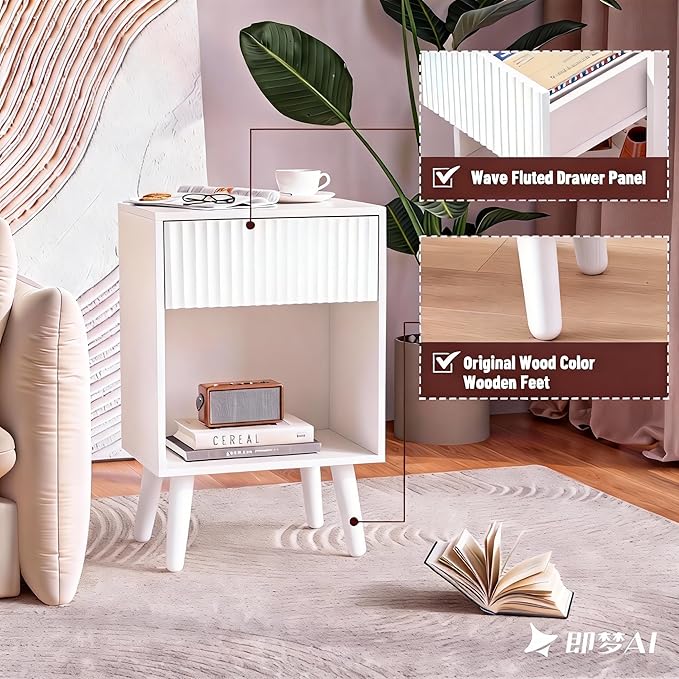 Fluted Nightstand, Modern Bedside Table with Storage Drawers and Open Wood Shelf, Night Stand with Solid Wood Legs, End Tables Side Tables for Living Room, Bedroom White