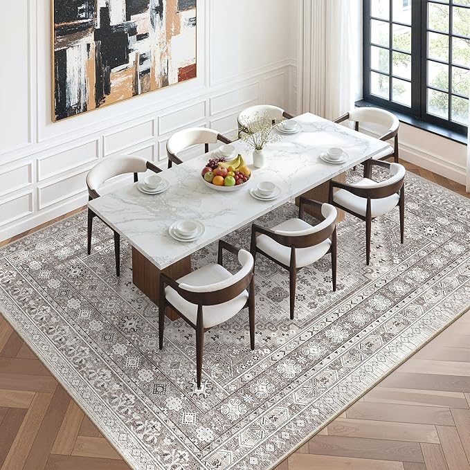zesthome 8x10 Area Rugs for Living Room,Non-Slip Backing Washable Rugs,Vintage Large Area Rug，Stain Resistant Home Decor Rug (Brown/Beige,8'x10')