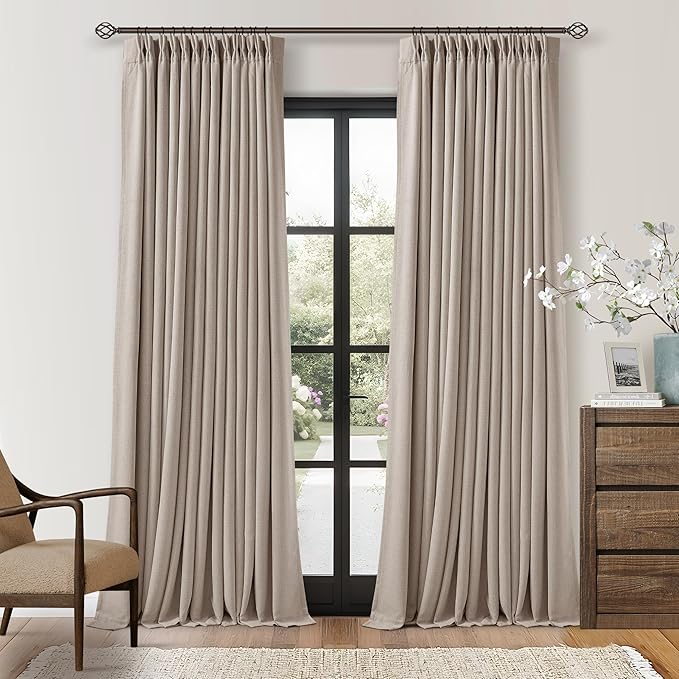 Burlywood Greige Pinch Pleated 100% Blackout Linen Curtains 86 Inch Length 2 Panels Set Pinch Pleat Curtains Black Out Light Blocking Room Darkening Drapes with Liner for Bedroom Living Room Window
