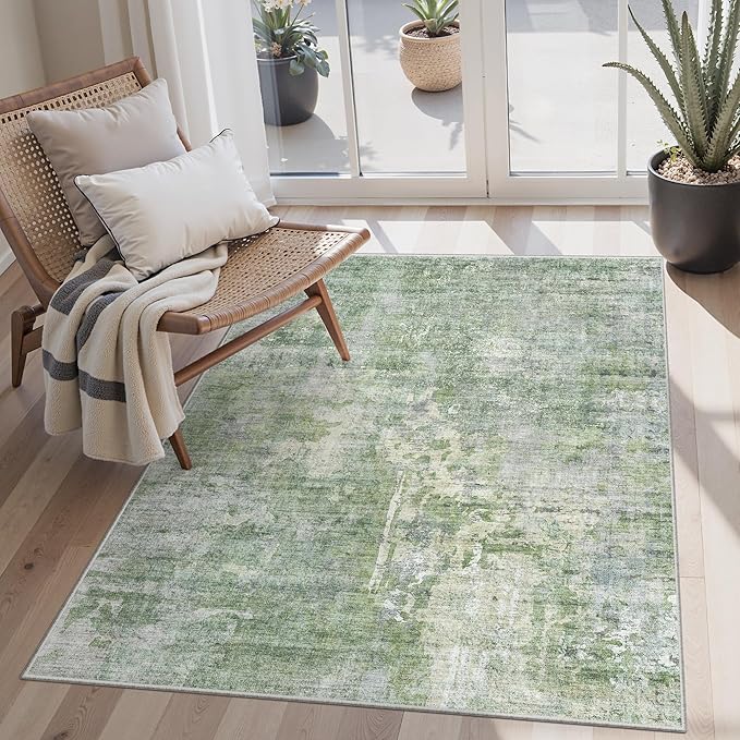 3x5 Rug, Abstract Small Area Rug for Kitchen, Entryway, Machine Washable Non-Slip Throw Rug, Vintage Carpet for Nursery Coffee Table Green Ivory