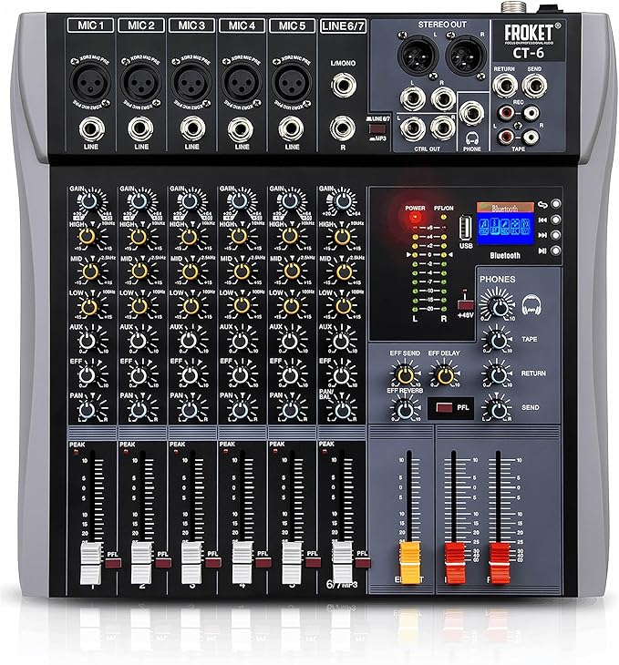 Professional Audio Mixer Sound Board 6 Channel Audio Desk System Interface Digital DJ Console with Bluetooth USB Sound Audio Mixing Console for Karaoke Studio Party Recording Broadcast (CT-6)
