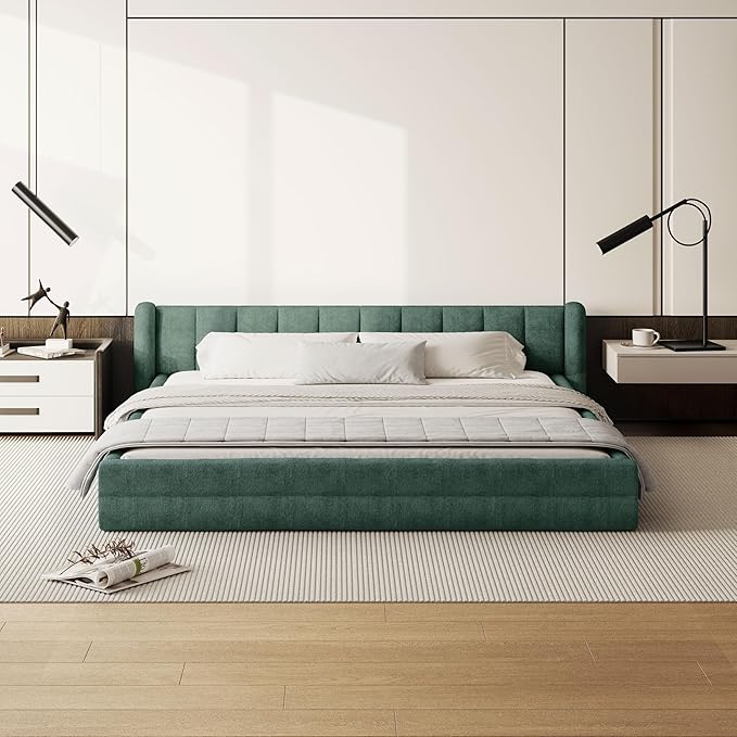 DEINPPA King Size Bed Frame with Cloud Soft Headboard, Chenille Upholstered Grounded Wood Base Bed Frame, No Box Spring Needed-Blue+Green