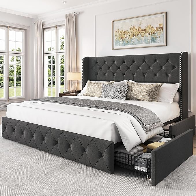 LARMACE King Size Platform Bed Frame with 4 Storage Drawers and Tufted Headboard Linen Upholstered Bed Wingback Bed Frame with Wooden Slats Support, Easy Assembly, Dark Grey