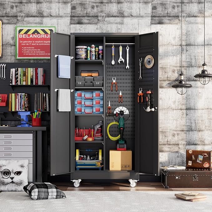 Garage Storage Cabinet with Wheels, Broom Closet Storage Cabinet with Pegboards and Adjustable Shelves, Metal Tool Cabinet with Lockable Door for Garage Home, Black