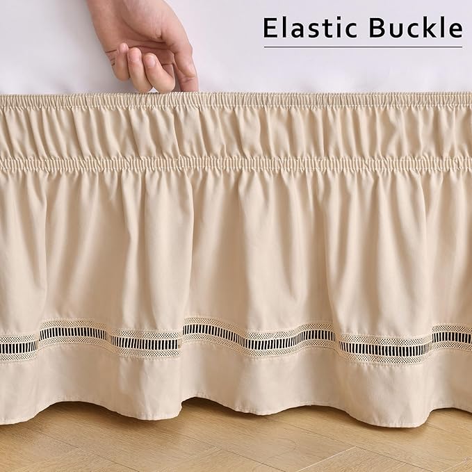 MIYE Wrap Around Ruffled Lace Bed Skirt, Elastic Dust Ruffle with Adjustable Belts, Easy to Put On, Bed Frame Cover, Machine Washable (Ruffled Lace/Beige, Full/Twin-18 Drop)