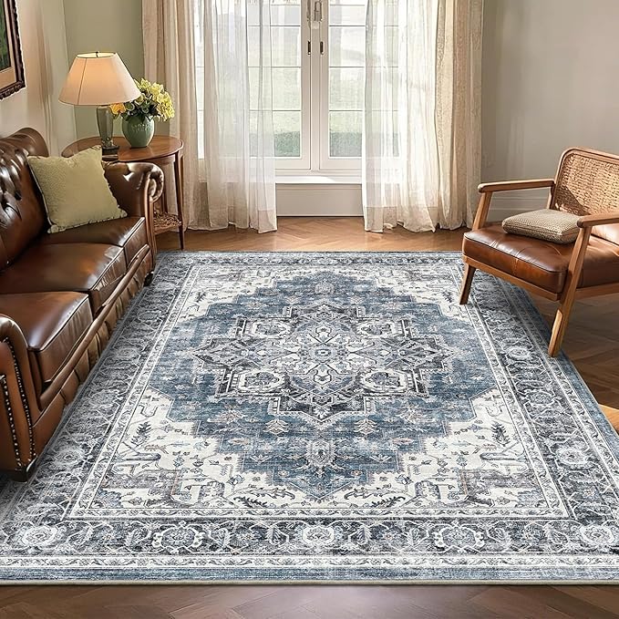 6x9 Area Rugs for Living Room Ultra-Soft Washable Rug Vintage Distressed Boho Area Rug, Non-Slip Retro Print Low Pile Stain Resistant Carpet for Bedroom Dining Room Kitchen Office