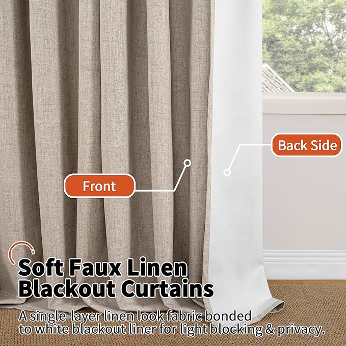 Beige 100% Blackout Curtains for Living Room 95 Inch Length 2 Panels Set, Thermal Insulated Light Blocking Faux Linen Curtains for Bedroom, Bronze Grommet Boho Window Drape Each 52" Wide
