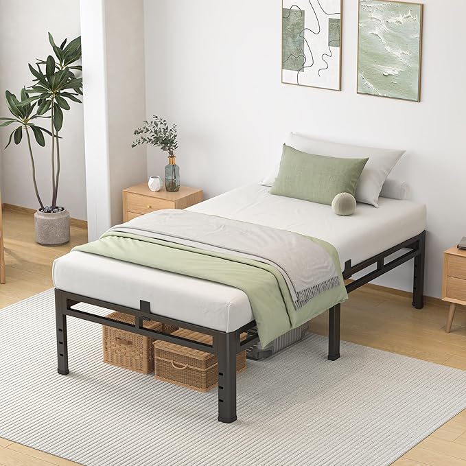 NKZ Twin Size Bed Frame 14 Inch, Metal Bed Frame & Box Spring 2 in 1 Platform with Round Corner Legs, 4000lbs Weight Capacity Reinforced Metal Frame, Headboard Hole, Noise-Free, Easy Assembly