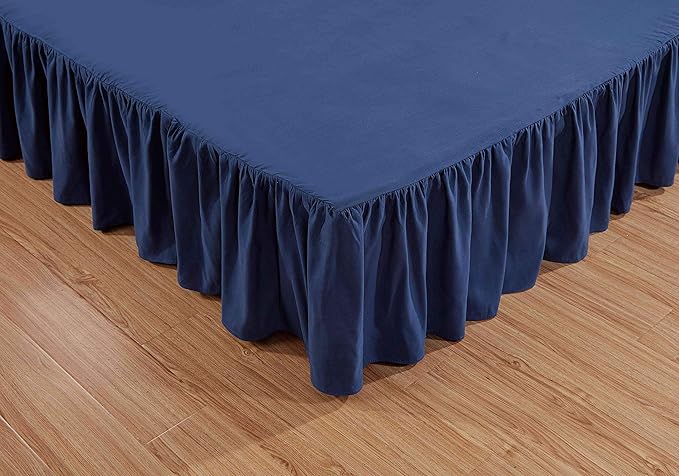 Sheets & Beyond Wrap Around Solid Microfiber Luxury Hotel Quality Fabric Bedroom Gathered Ruffled Bedding Bed Skirt 14 Inch Drop (Full, Navy)