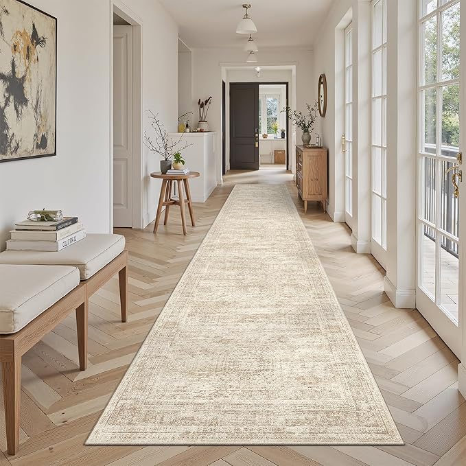 Runner Rug 2'6" x 14' Washable Non-Slip Runner Rugs for Kitchen Bathroom Laundry Room Vintage Ultra Thin Runners for Hallway Entryway Beige