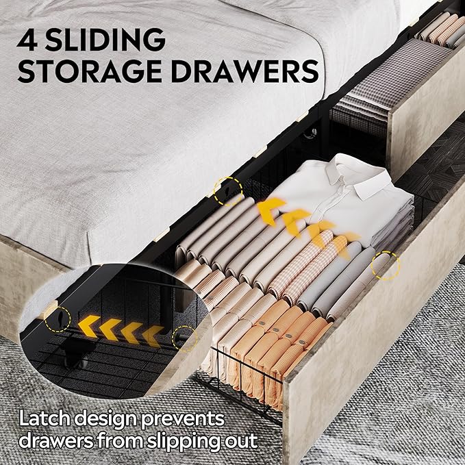 WLIVE King Size Upholstered Bed Frame with 4 Storage Drawers and Headboard, Velvet Platform Bedframe, Sturdy Metal & Wooden Slats Support, No Box Spring Needed, Easy Assembly, Beige