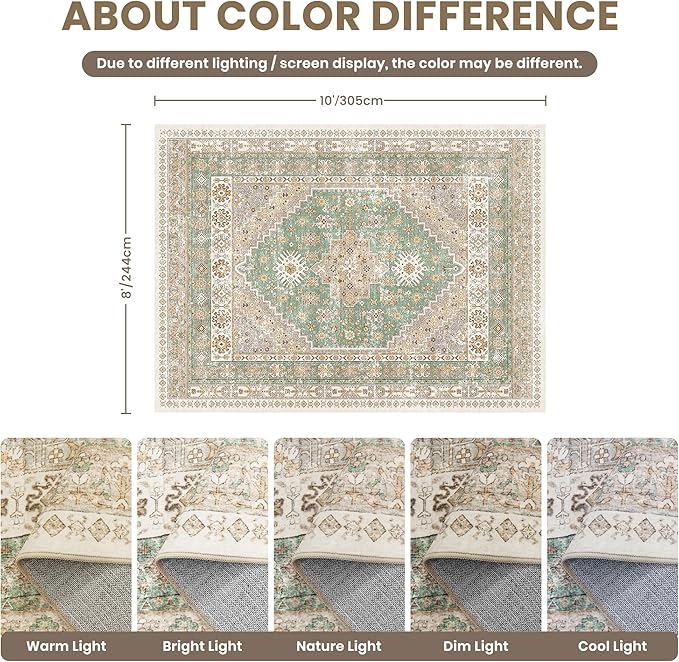 zesthome 8x10 Area Rugs for Living Room,Non-Slip Backing Washable Rugs,Vintage Large Area Rug，Stain Resistant Home Decor Rug (Green/Brown,8'x10')